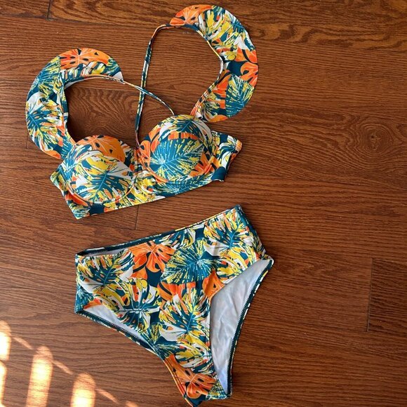 NWT Floral Bikini Two Piece Ruffle Sleeve High Waist Tummy Control Size Small - Picture 12 of 12